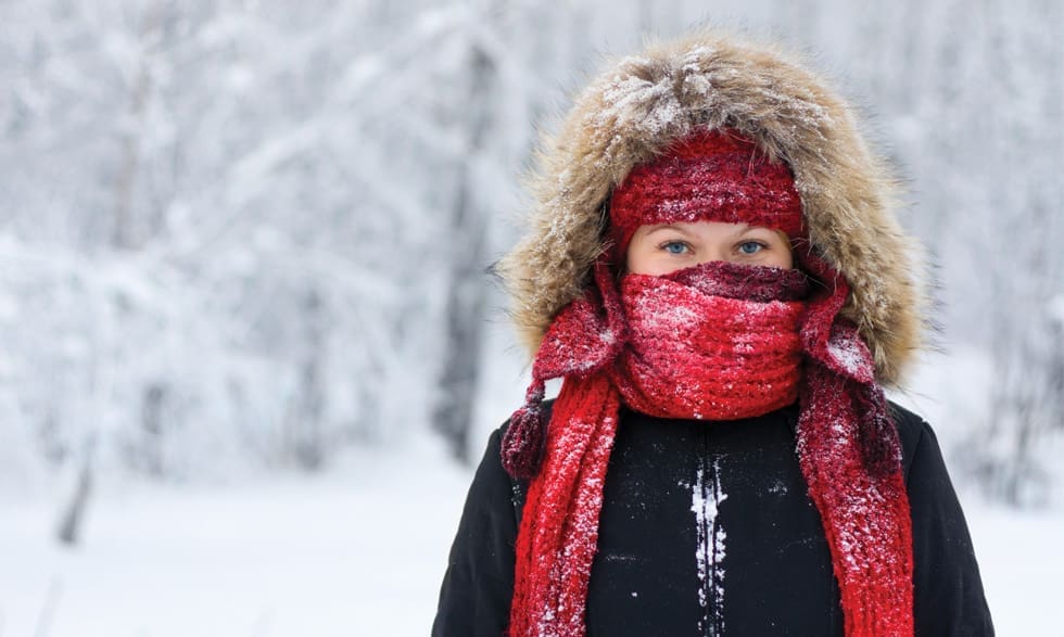 woman in snow wearing: winter coat, knit hat with long ear flaps, hood pulled up, and thick knit scarf wrapped around her neck and the lower section of her face. Only her eyes are visible.