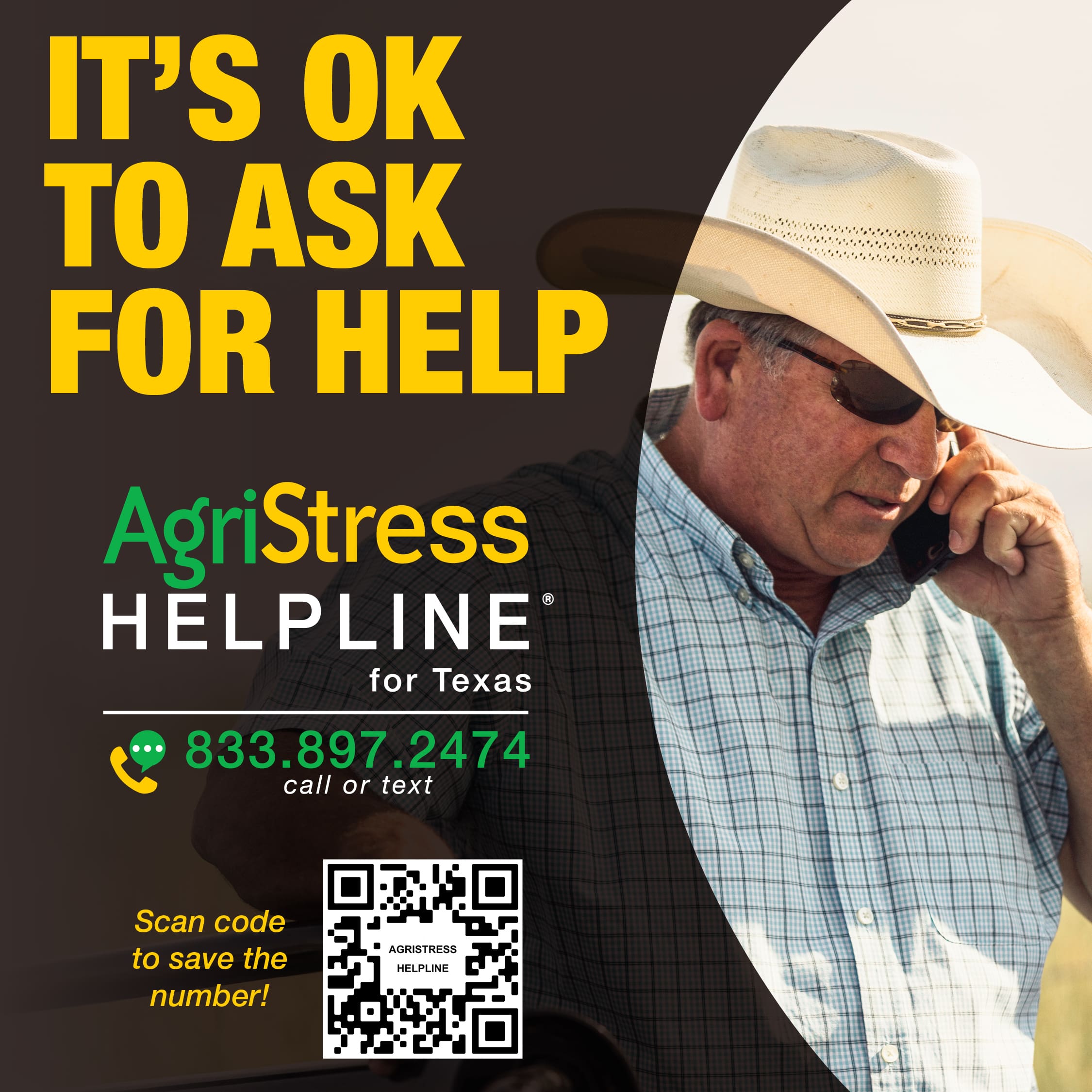 AgriStress Helpline for Texas 833.897.2474 call or text